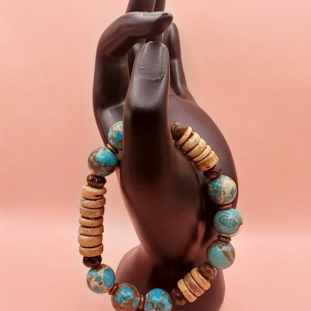 Imperial Jasper, Bronzite, Copper and Coconut Husk Chunky Bracelet - Picture 2 of 5